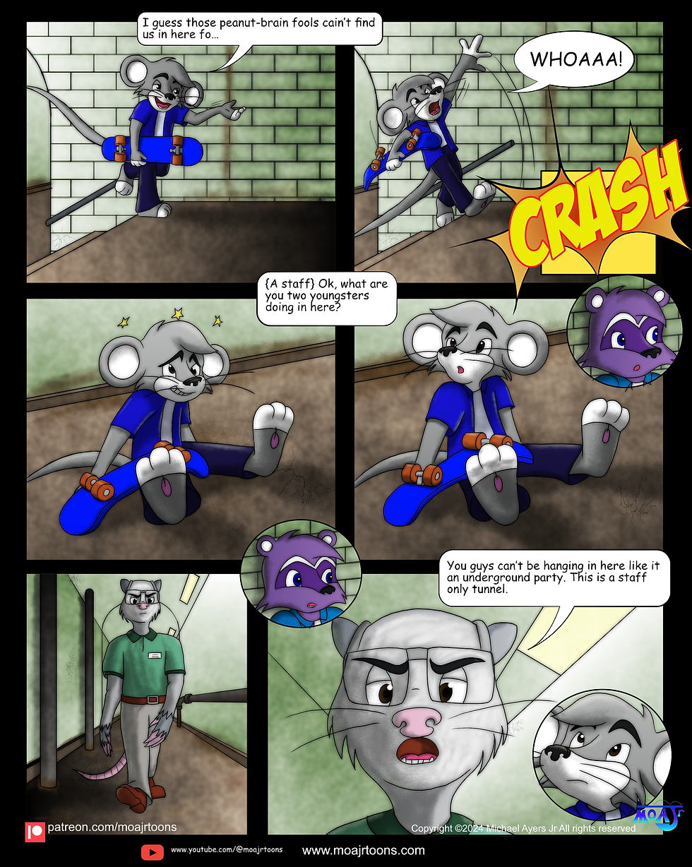 In this colorful Meet Yohz skateboard comic page 104, as Yohz steps back, he falls down the steps and lands into the tunnel. Then one of the staff members from the Tortoise Arena walk up to Yohz and Mykel with a stern look on his face.