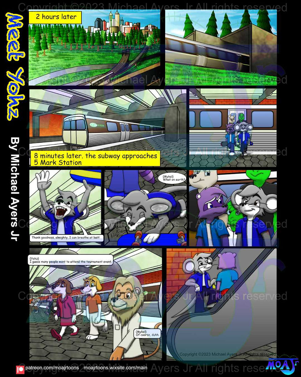In this continuous skateboard comic page story, as the Tamta subway arrives at the 5 Mark Station, Yohz, Mykel and the rest of the passengers hops off the train. Yohz suddenly kisses the floor right in front of the everybody.