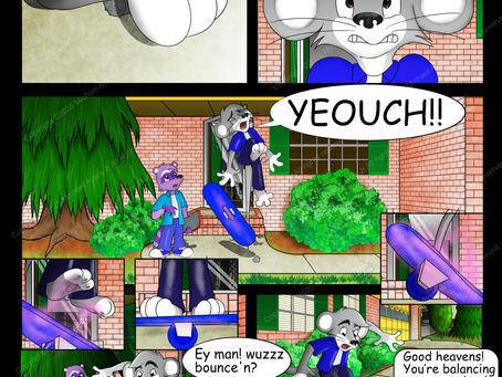 In this colorful Meet Yohz Skateboard Comic page 136, Yohz accidentally steps on a rock. Yohz react with tears coming out of his eyes. Yohz jumps screaming “Yeouch!!” The pink fog starts glowing on Yohz’s skateboard and his feet. Yohz lands his feet on the board. The Skateboard starts rolling with Yohz on it saying, “Ey man! Wuzzz bounce’n?” Mykel with his shock look on his face saying, “Good heavens! You’re balancing on a one-wheel skateboard.