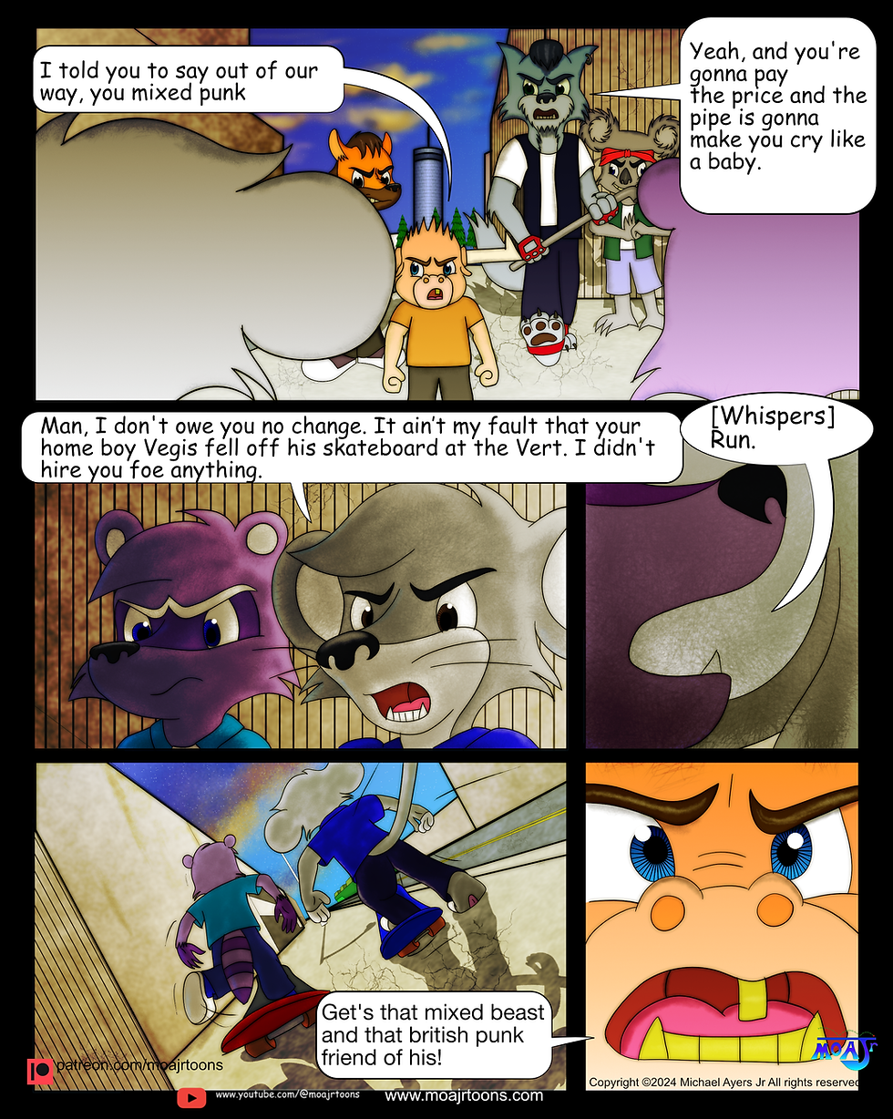 In this colorful Meet Yohz Skateboard Comic page 102, Yohz and Mykel gets confronted by the RG4 gang. Koalide holding a metal water pipe, walks to Yohz and Mykel. Yohz defends himself after being blamed for Vegis fall from his skateboard. Mykel whispers in Yohz's ear saying, "run". Yohz and Mykel fleeing from the gang and Ranttack (Randy) tells his gang members to get them.