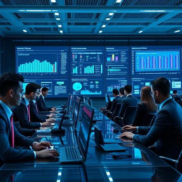 Sala de control con ejecutivos frente a herramientas para toma de decisiones.