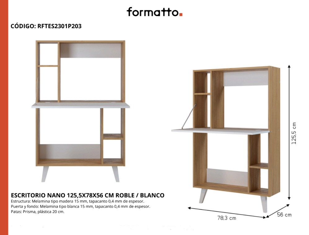 Escritorio Nano - 125x78x56 cm - Roble/Blanco