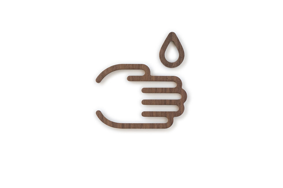 Thumbnail: A walnut wood pictogram Wash Hands sign, showing a pointed to the right below a droplet shape.