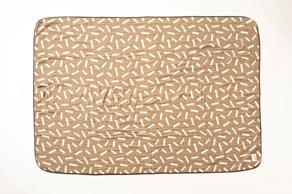 Thumbnail: Ariel view of a Japanese, large brown Blanked blanket, showing its jacquard woven pattern of rectangles.