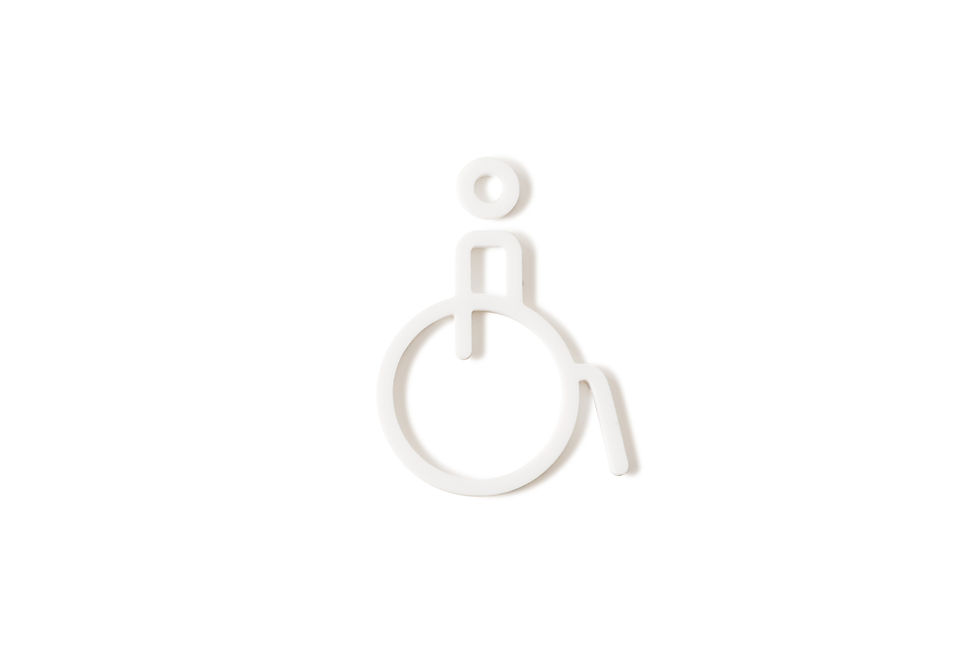 Thumbnail: A white pictogram wheelchair accessible sign, featuring a simple depiction of a figure sitting atop a circle.