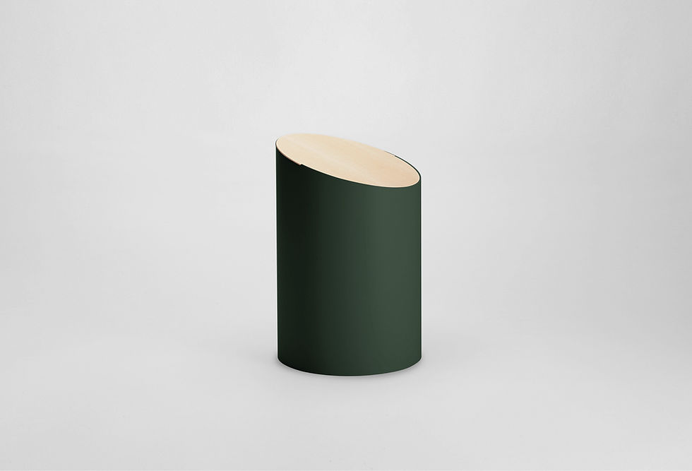 Thumbnail: A small, cylindrical deep green, minimalist swing bin with a slanted oval, maple wood lid.