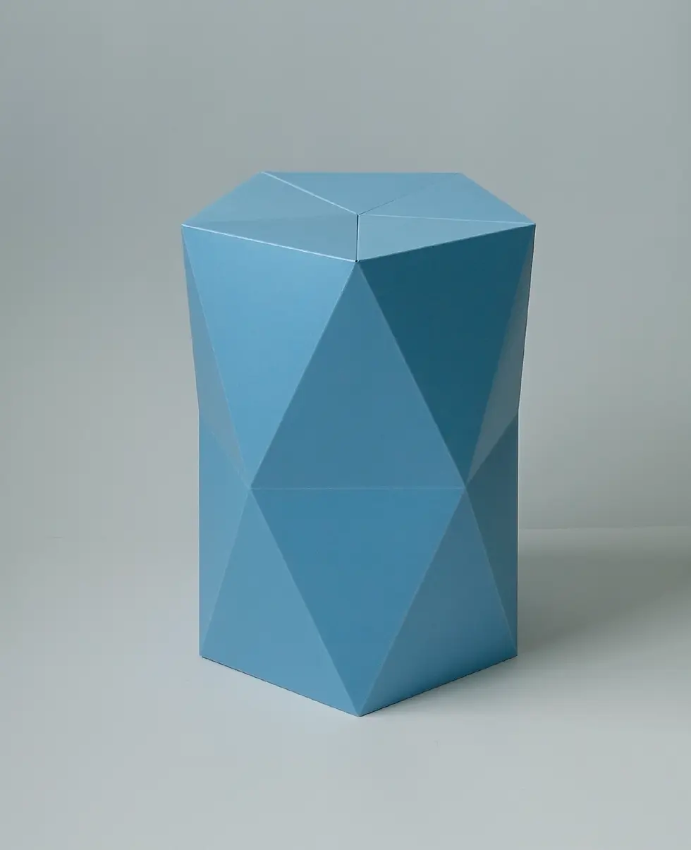 Thumbnail: A light blue Catachi origami-inspired geometric polygonal stool, multifaceted with triangles and constructed in card and paper. Made in Japan.