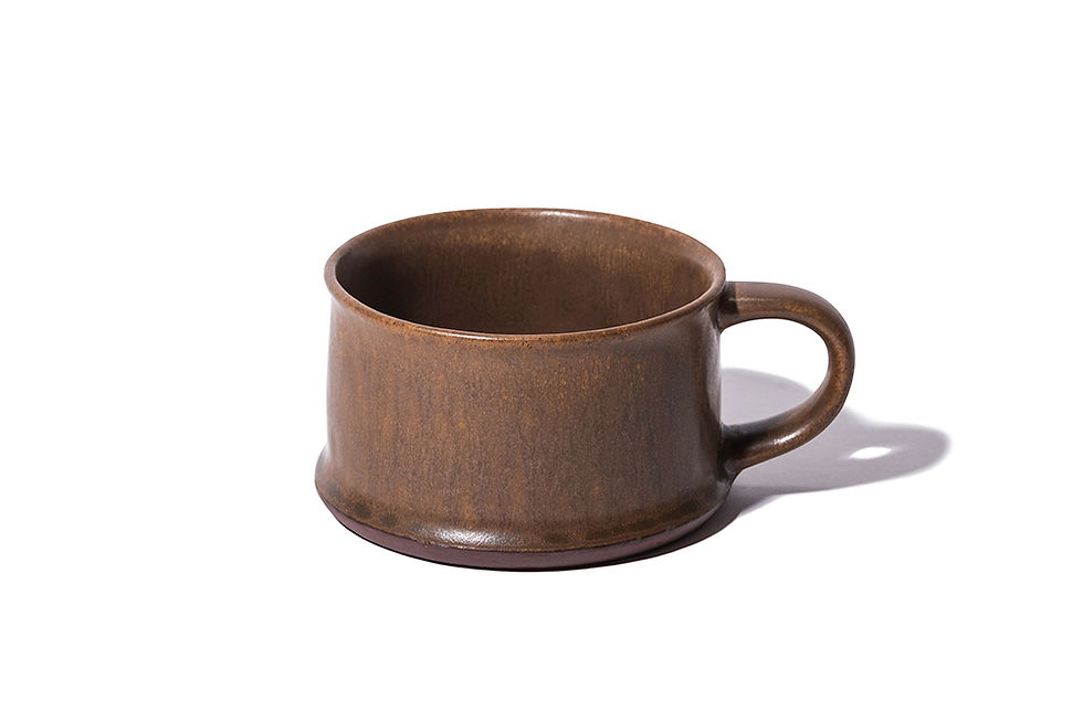 Thumbnail: A dark brown, wide and short ceramic mug with a handle, designed by Angle in Japan.