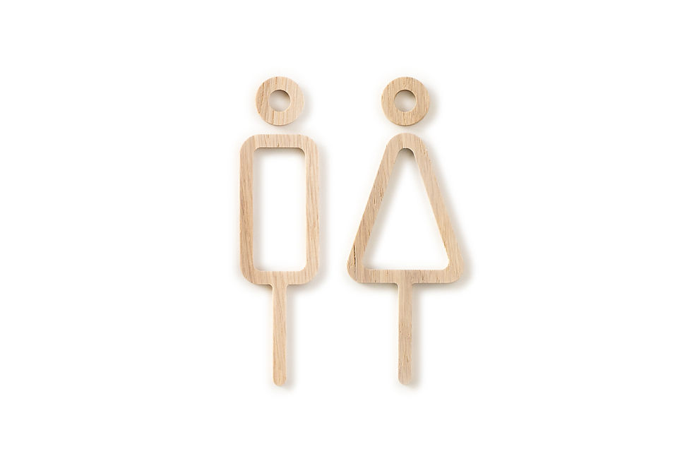 Thumbnail: An oak pictogram restroom sign on a white wall, featuring a figure with a rectangle body and a figure with a triangle body.