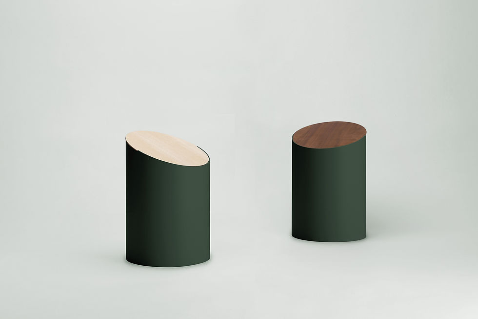 Thumbnail: A pair of minimalist, small swing bins in dark green, each featuring a slanted, oval wooden lid.