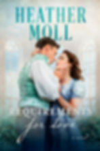 Regency man in shirtsleeves holds the chin of a woman in teal regency dress who has one hand around his shoulder. Background is tall windows letting in light.