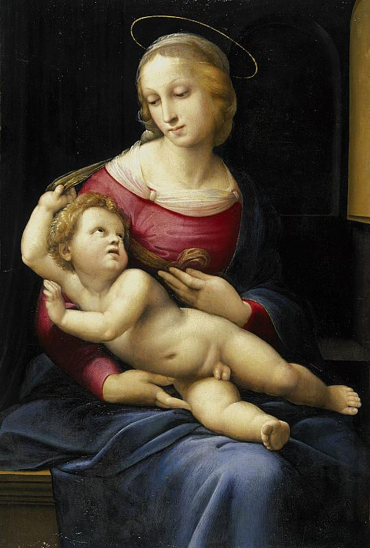 An oil painting by Raphael titled "The Bridgewater Madonna," featuring a three-quarter-length view of the Virgin Mary looking down tenderly at the infant Jesus. The nude baby lies across her lap in a dynamic, twisting pose, looking up into his mother's eyes against a dark, minimalist interior setting