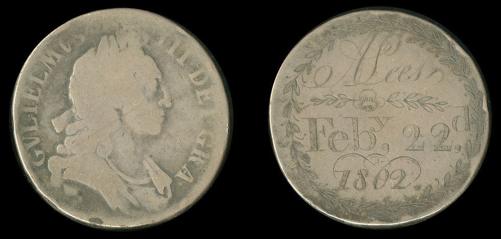 two sides of engraved love token coin. see text for details