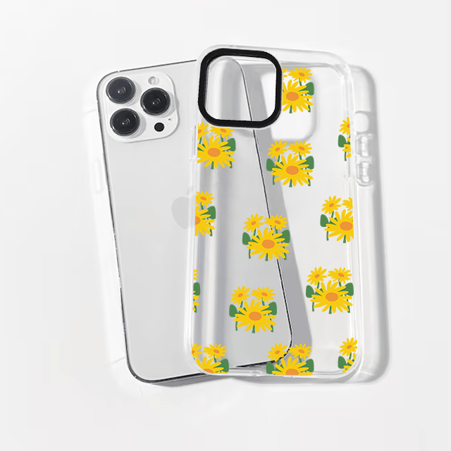 Clear phone case with yellow dandelion pattern