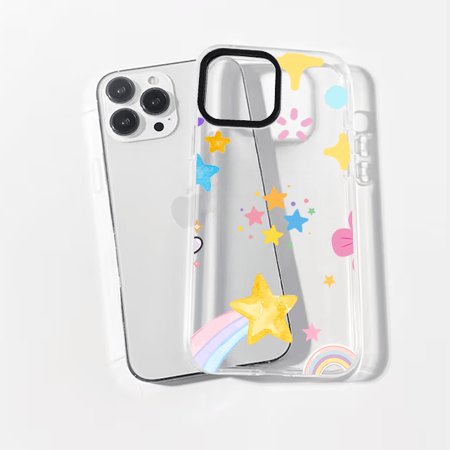 Clear phone case with colorful stars and rainbows