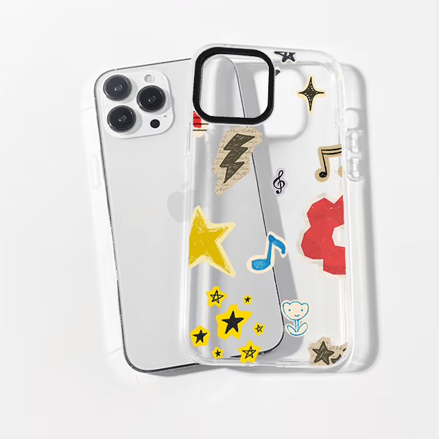 Clear phone case with colorful stars and music notes