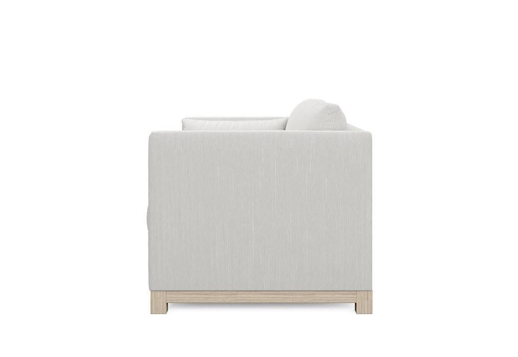 side view of modern loveseat with wood base