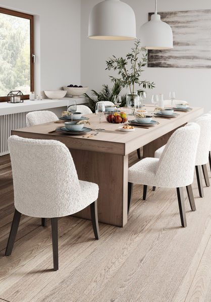 Modern dining room with Rosalind curved back dining chairs around the table