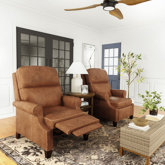 The Solon transitional leather recliners with roll arms in a transitional living room