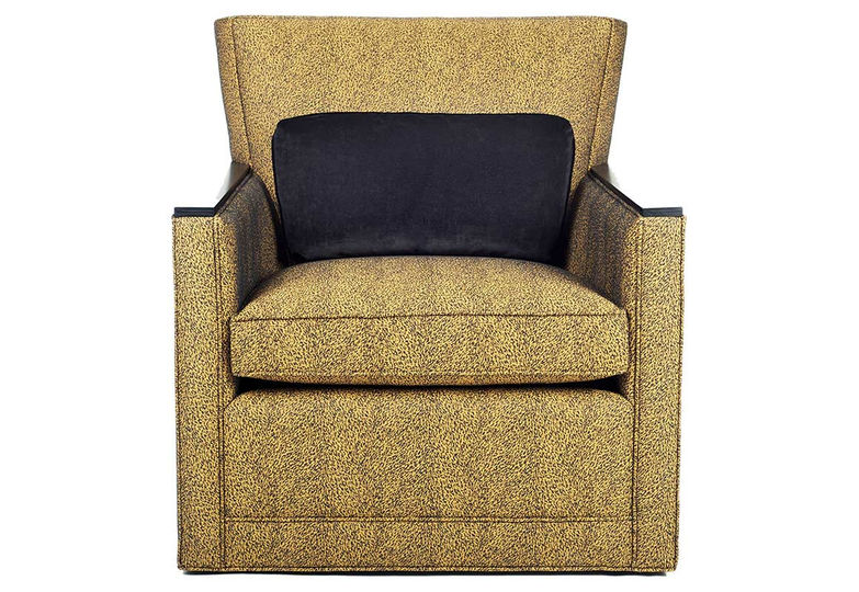 Traditional swivel chair with wood arm caps and kidney pillow made in Toronto, Canada