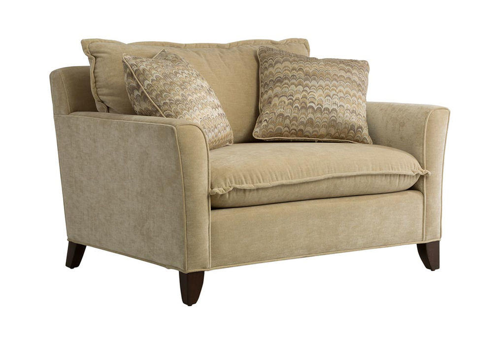 Double chair with flange welt trim back and seat cushion and two toss cushions