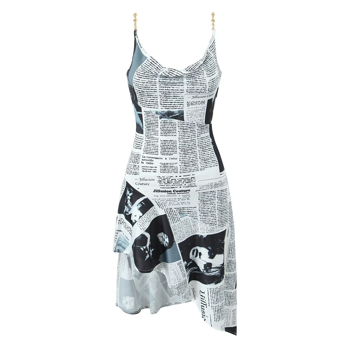 YENKYE New Women Newspaper Letter Print Irregular Hem Sling Dresses Fashion Back