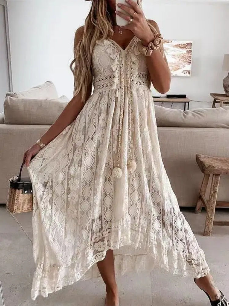 Miniatura: Summer Fashion Sexy Beach Vacation Long Dress Lace Sleeveless Women Dress V Neck