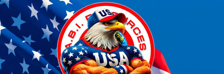 An eagle in a USA shirt and cap poses powerfully against a star-patterned flag backdrop.