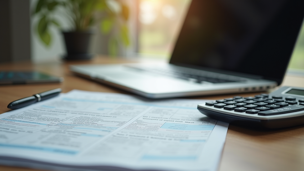 Eye-level view of a laptop on a wooden desk with tax documents and a calculator