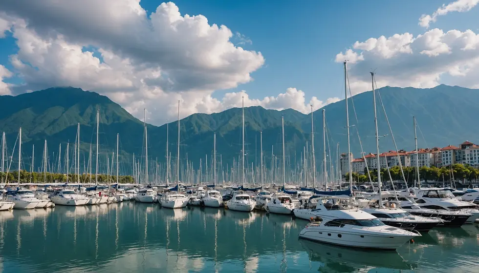 boats in batumi marina with mountians in background
