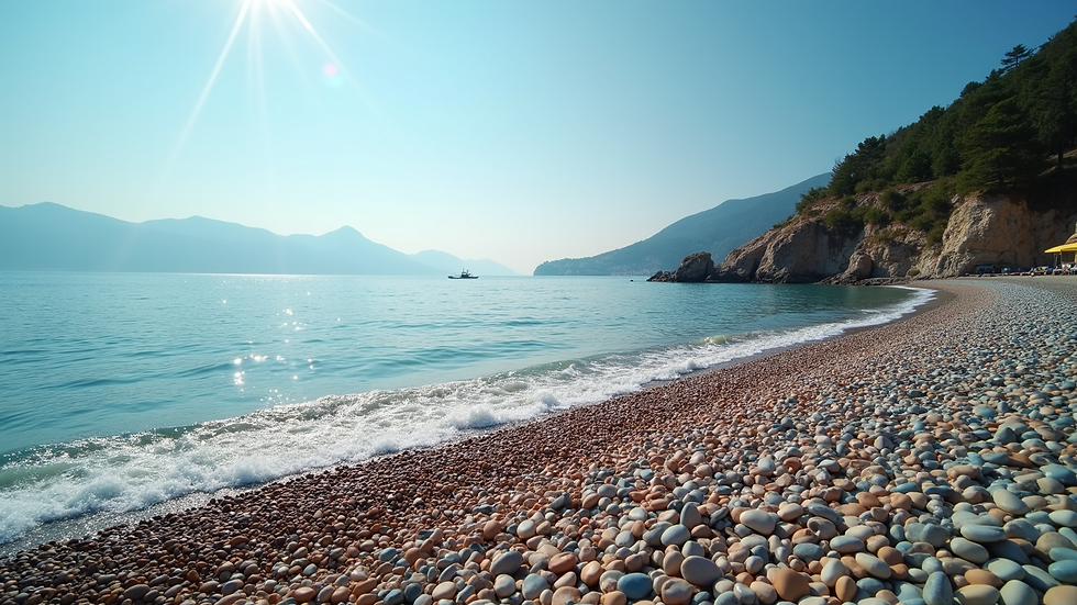 Wide angle view of Batumi’s pebble beach with calm Black Sea waters