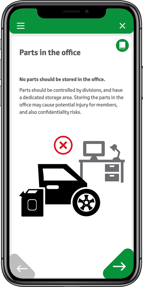 Mobile view of a course information page with an icon and text to show correct procedure.