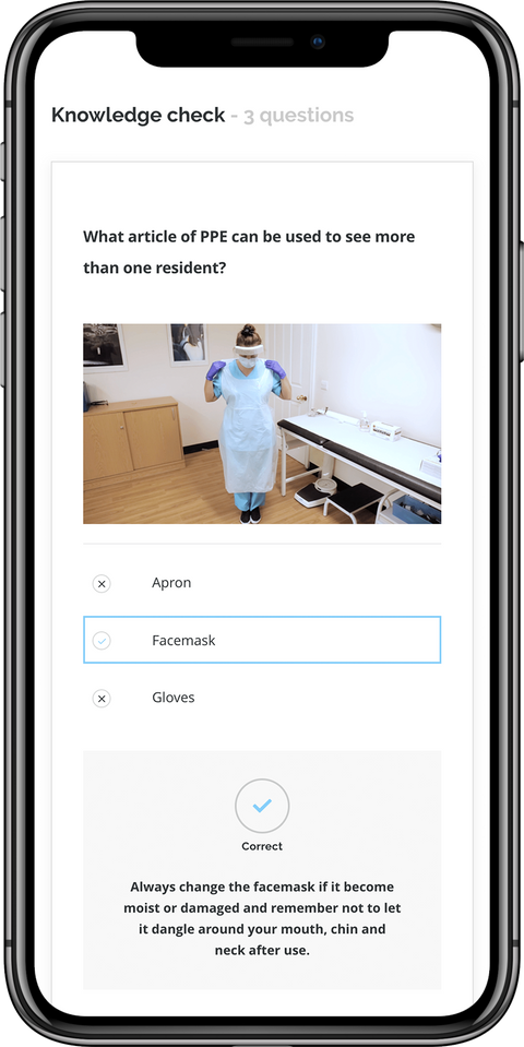 Mobile view of a course page with a multiple choice question.