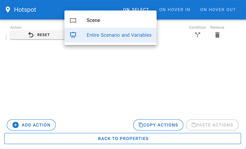Reset action in CenarioVR