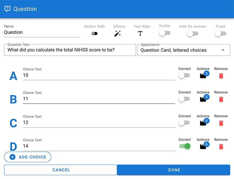 Question settings in CenarioVR