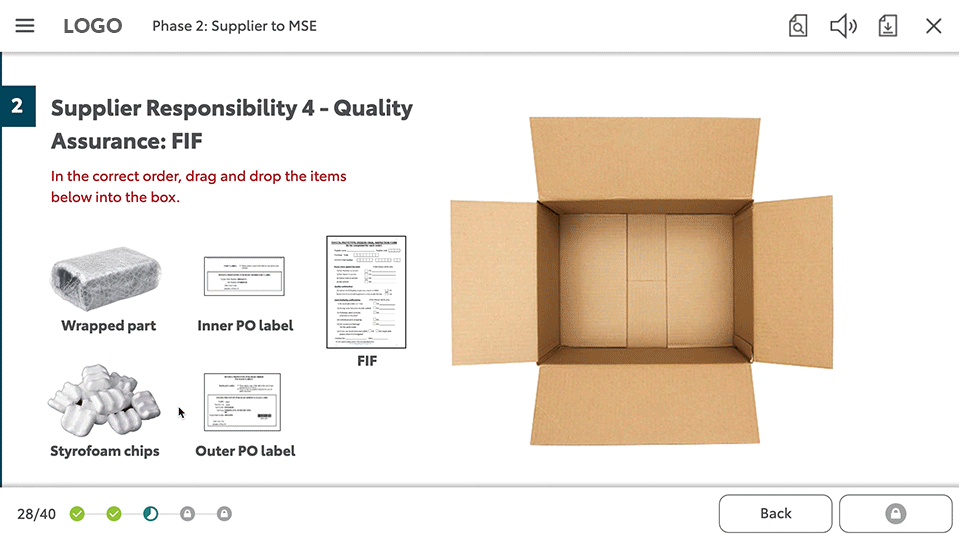 Animation showing packaging items being dragged into a cardboard box in the correct order.