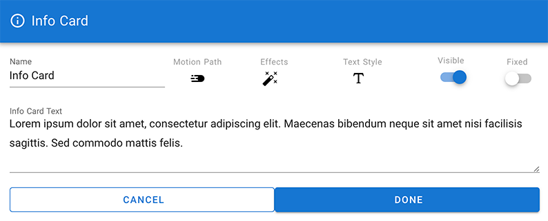 Info card options in CenarioVR