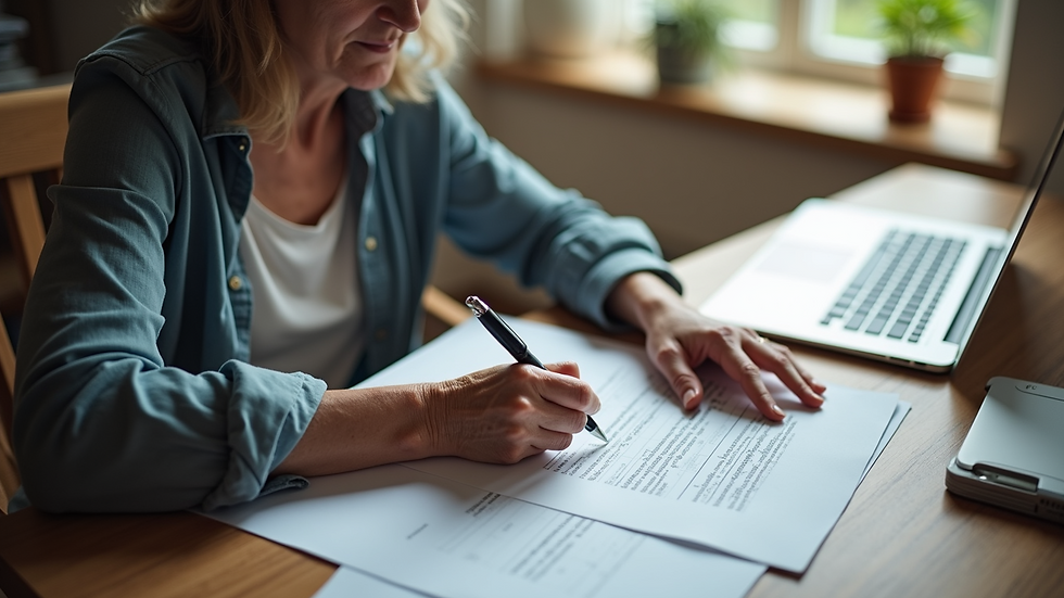 High angle view of a senior woman filling out health insurance application forms