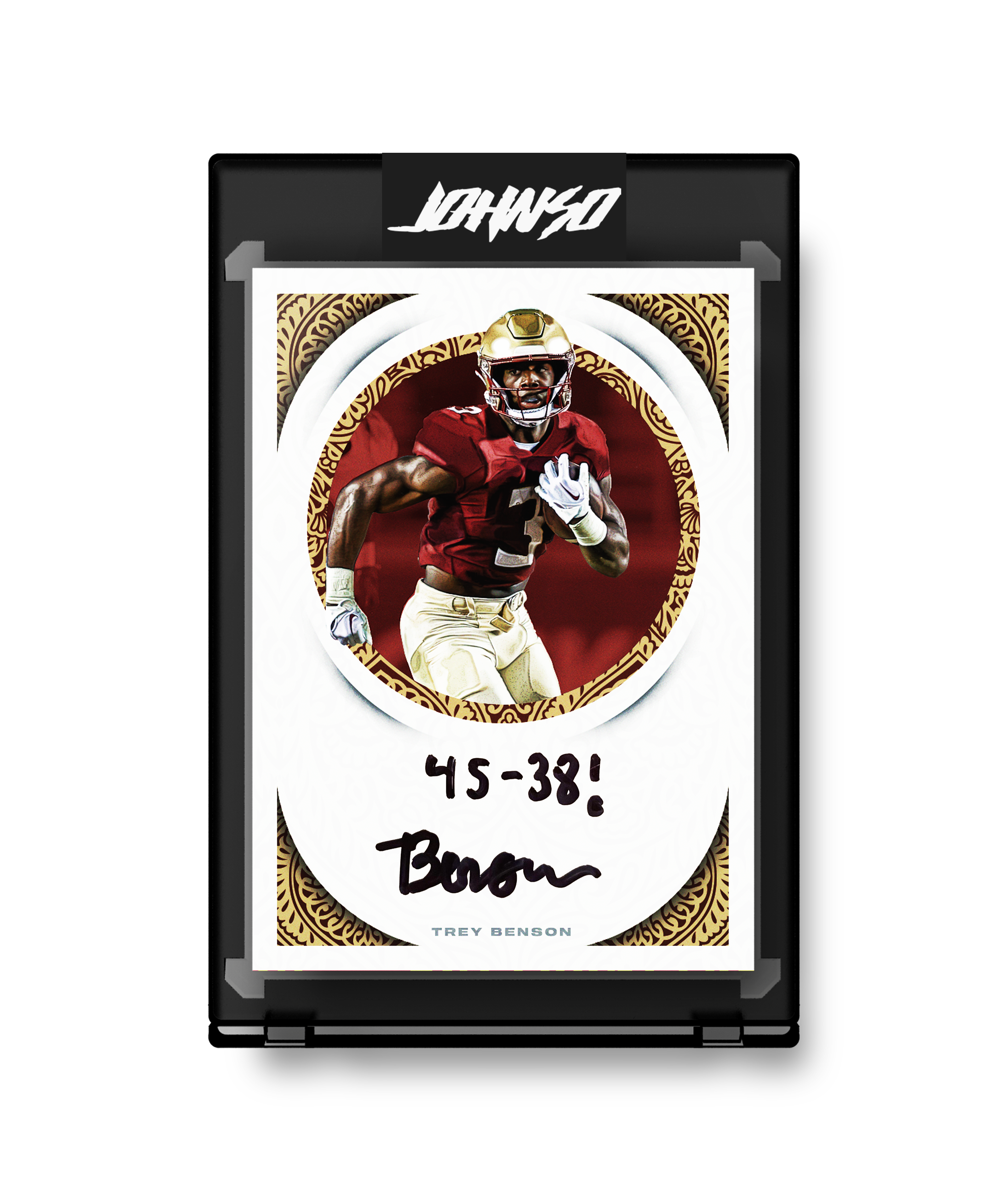 Trey Benson "45-38!" autograph + inscription 6/10