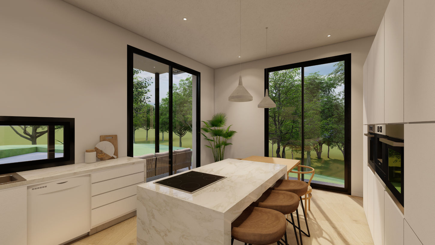 Cocina contemporánea con isla en vivienda unifamiliar diseñada por Genovés Calleja Arquitectos, con grandes ventanales, luz natural y conexión visual con el exterior.