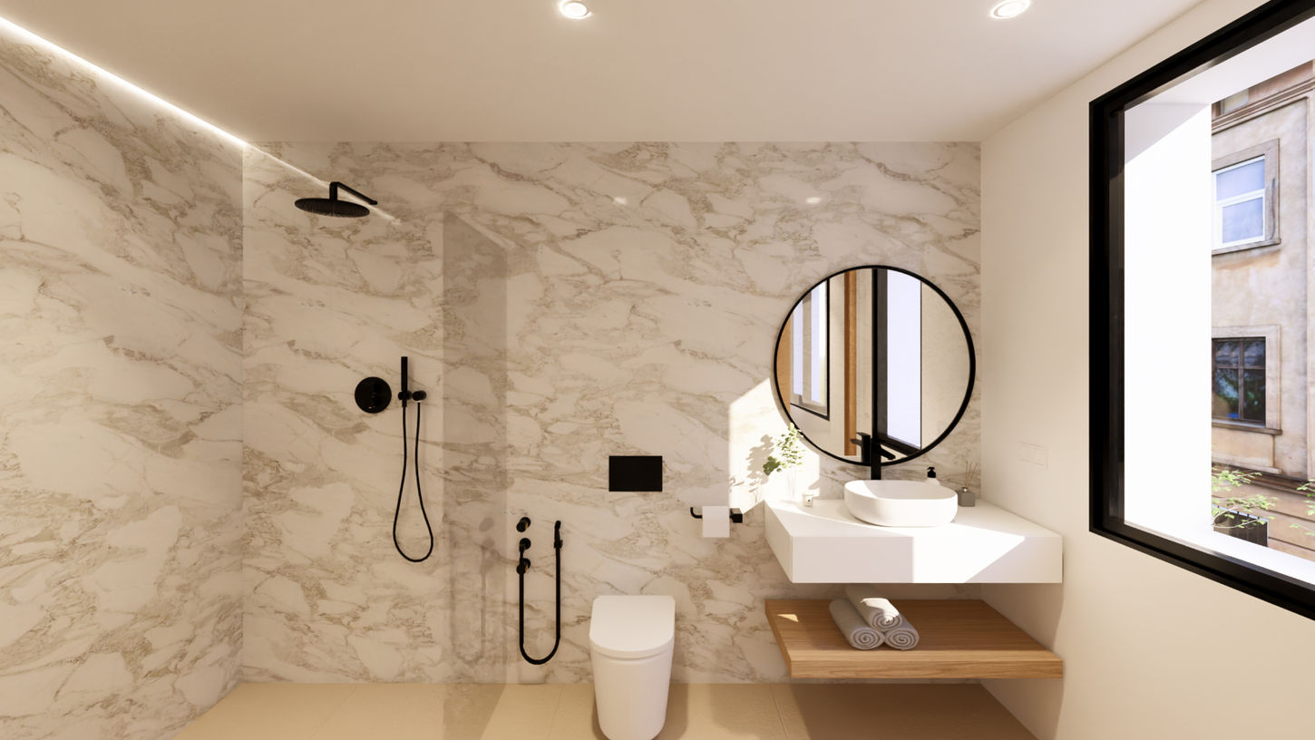Baño moderno de vivienda unifamiliar diseñado por Genovés Calleja Arquitectos, con revestimiento tipo mármol, lavabo suspendido, grifería negra y diseño minimalista contemporáneo.