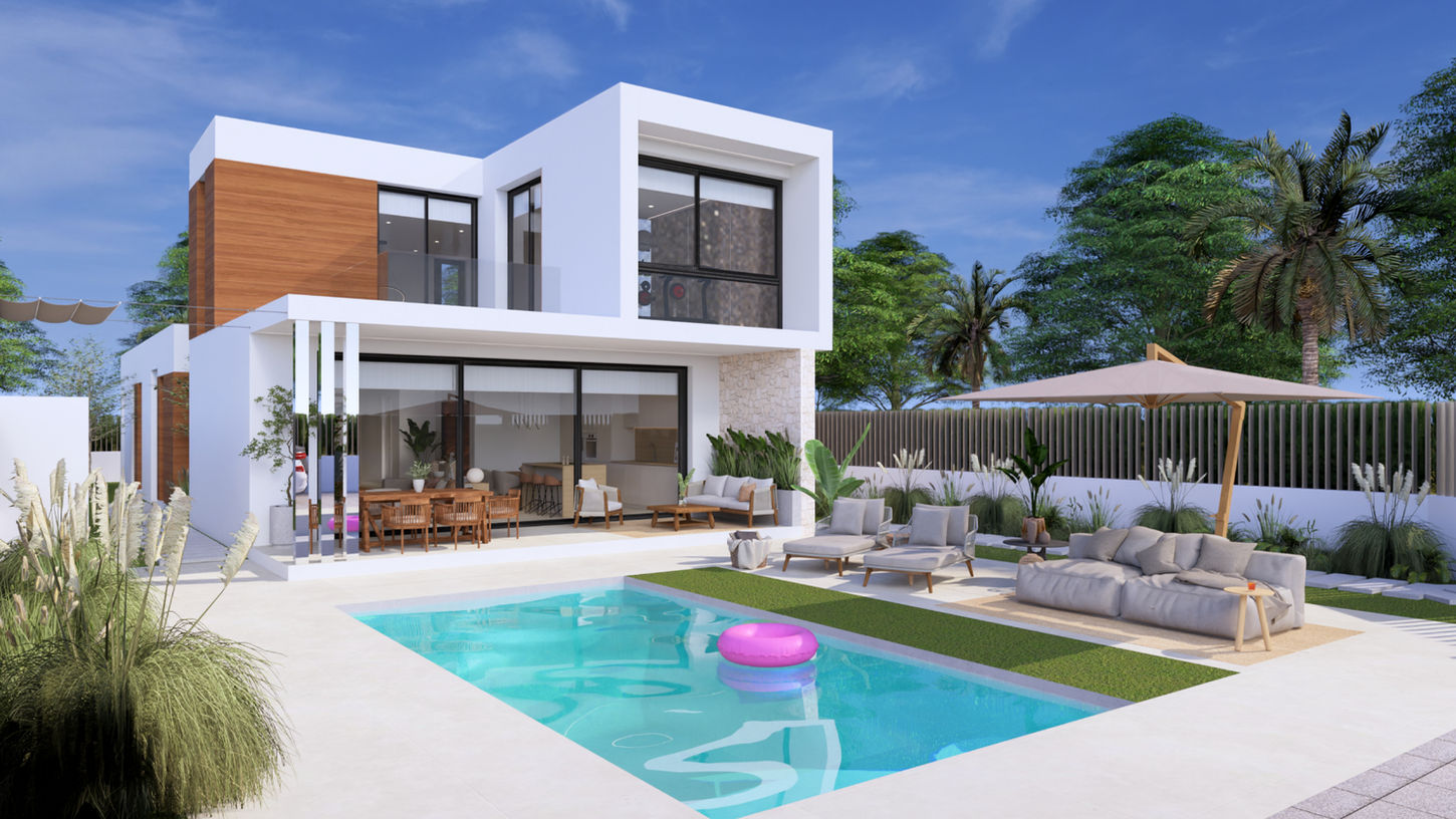 Fachada moderna de vivienda unifamiliar con piscina y jardín diseñada por Genovés Calleja Arquitectos, con grandes ventanales y arquitectura contemporánea.