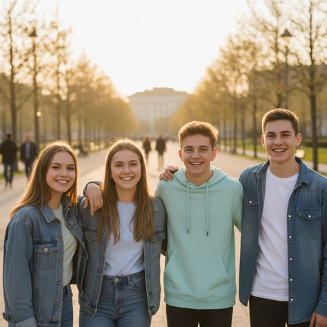 Grupo de adolescentes sonrientes caminando juntos al aire libre, mostrando confianza y unión, representando el valor de reforzar la autoestima en los adolescentes.