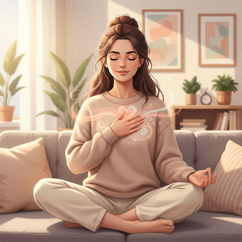 Mujer con gesto sereno conectando con sus emociones, reflejando la conexión entre salud mental y salud física.