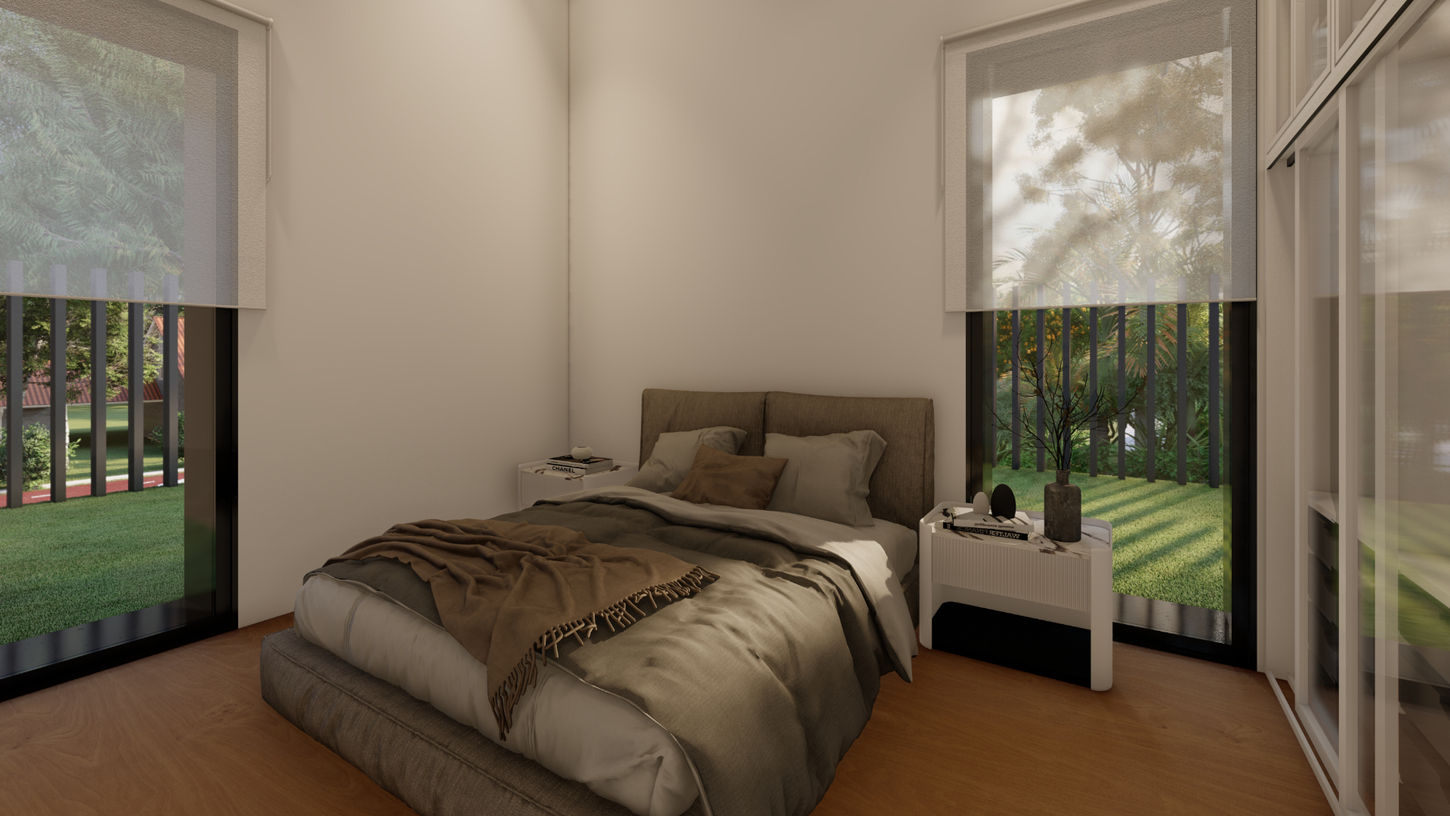 Dormitorio principal moderno con cama tapizada, suelo de madera y amplios ventanales con vistas al jardín en vivienda unifamiliar Casa Chiva diseñada por Genovés Calleja Arquitectos.