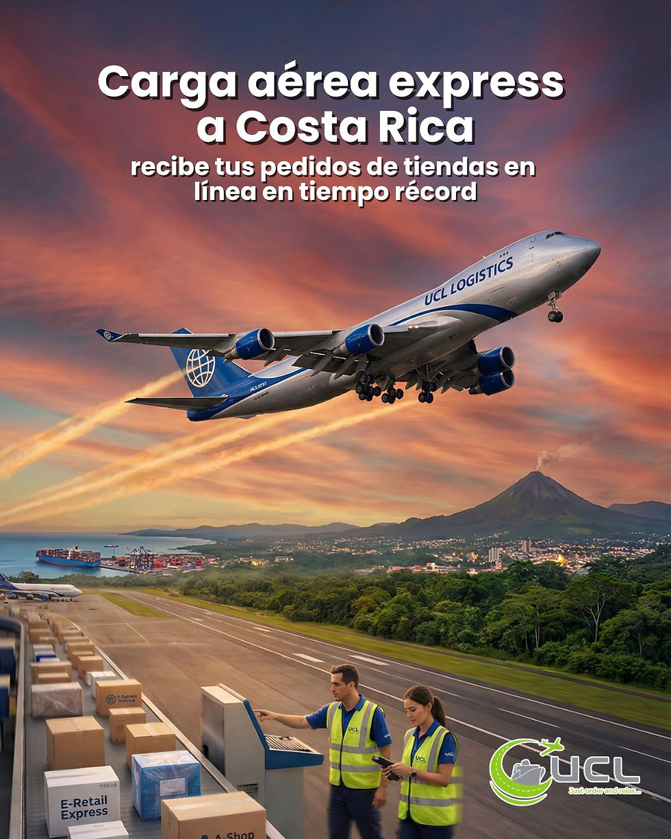 Carga aérea express a Costa Rica con avión de carga y paquetes de tiendas en línea listos para envío