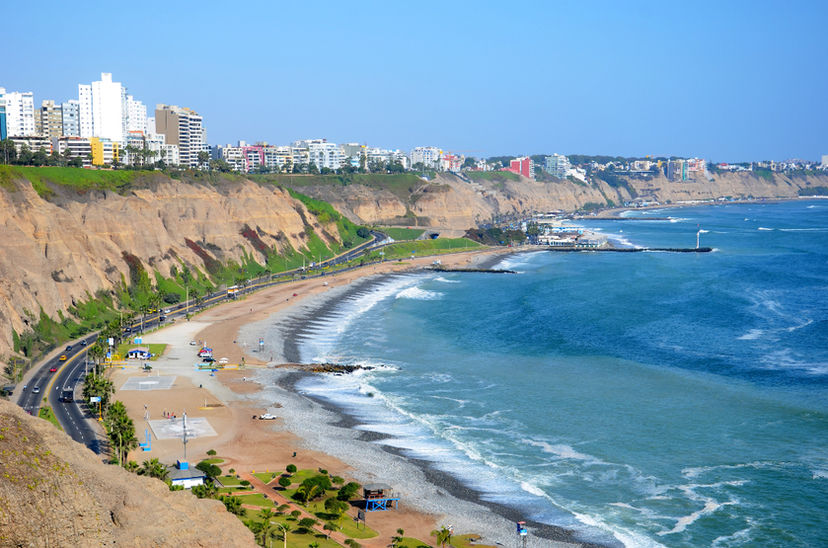 View of Costa Verde cliffs and Miraflores coastline along the Pacific Ocean in Lima Peru