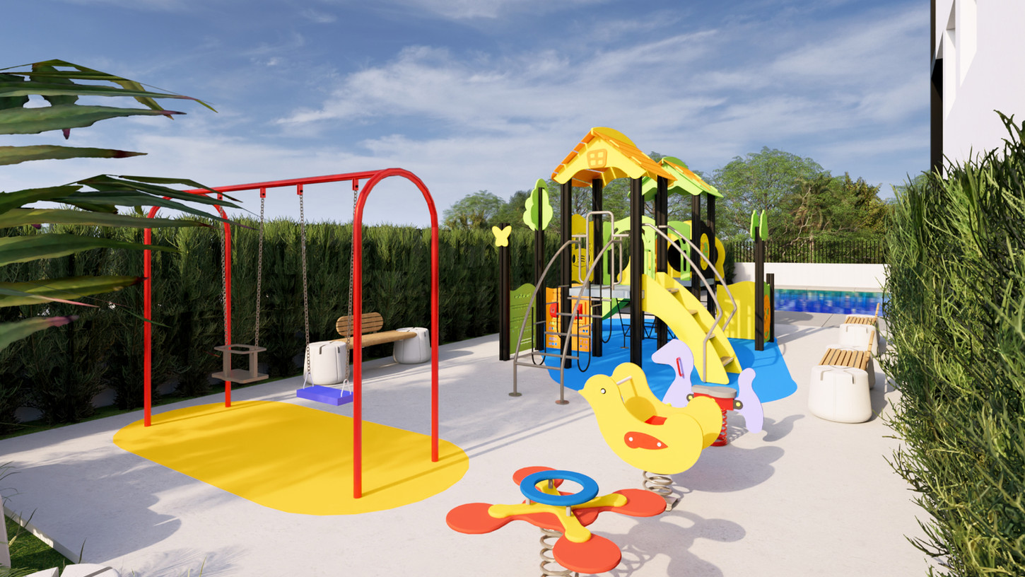 Zona infantil en áreas comunes de edificio residencial plurifamiliar diseñado por Genovés Calleja Arquitectos.