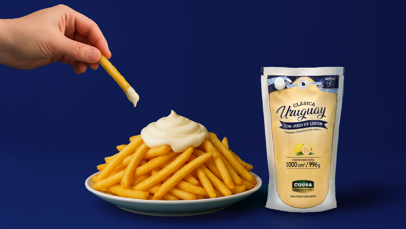 Nuevo packaging Mayonesa Uruguay junto a un plato con papas fritas