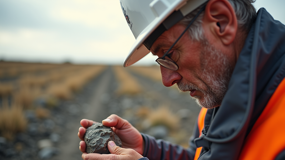 Eye-level view of a geological consultant analyzing rock samples in the field